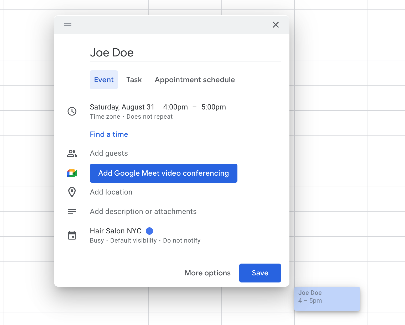 Google Calendar event with only the client name in the title, ready to be matched to a saved Etisia contact