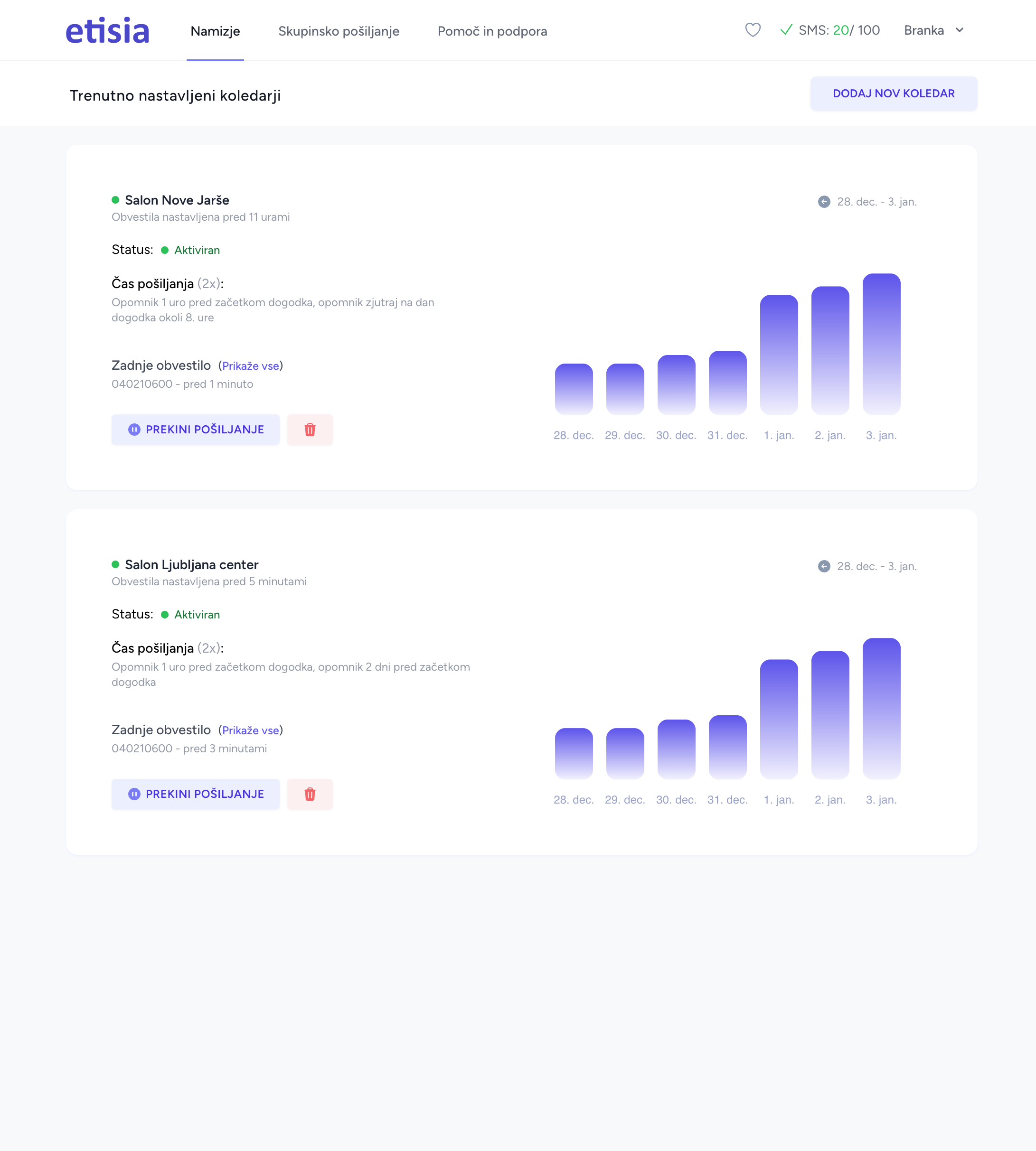 Etisia reminder settings screen with timing selector visible