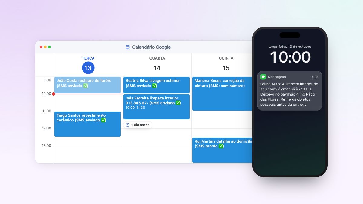 Uma marcação de detalhe automóvel no Calendário Google e o lembrete por SMS no telemóvel do cliente, na véspera