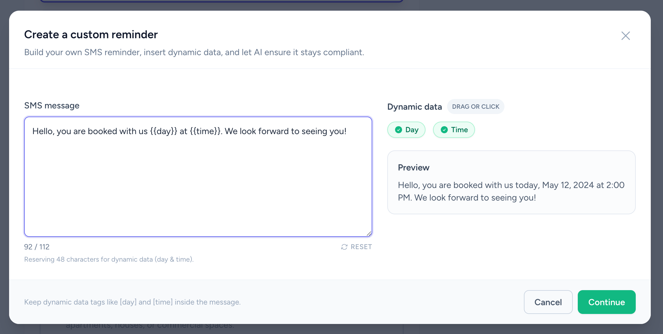 Dashboard → Add SMS reminders → Calendar setup