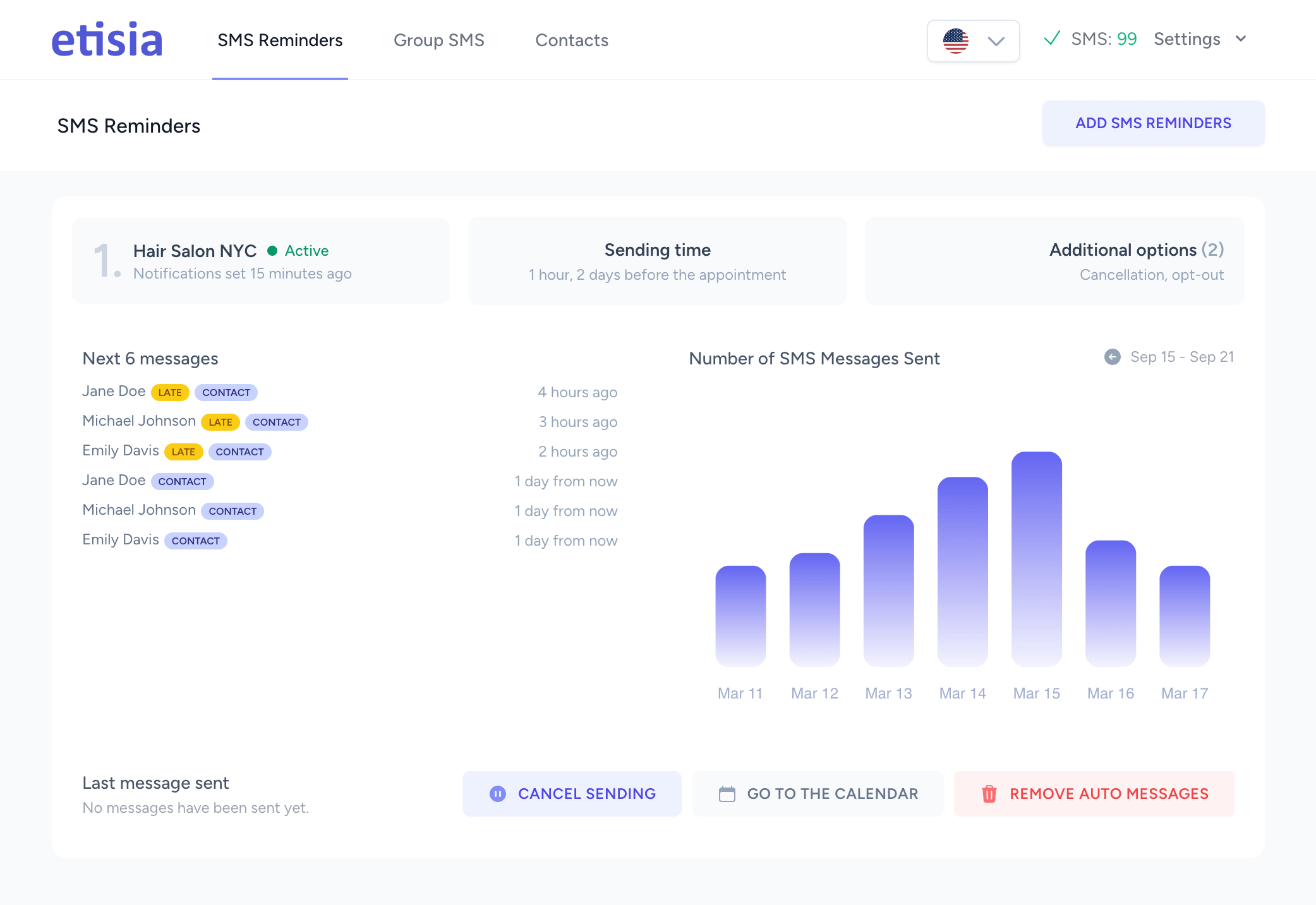 Etisia Dashboard fuer Google Kalender SMS-Erinnerungen