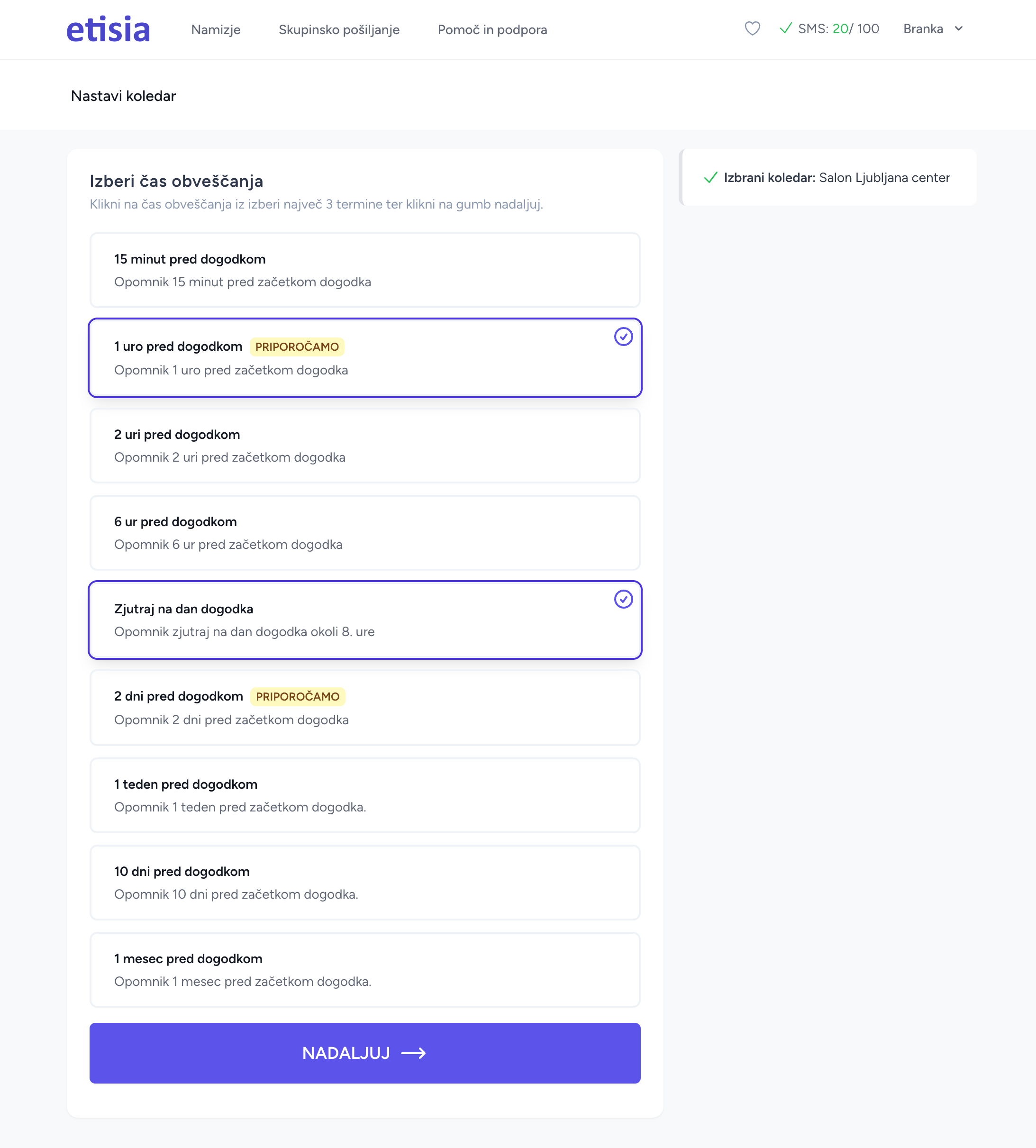 Nastavitve SMS opomnikov za avtomatska sporocila pred terminom