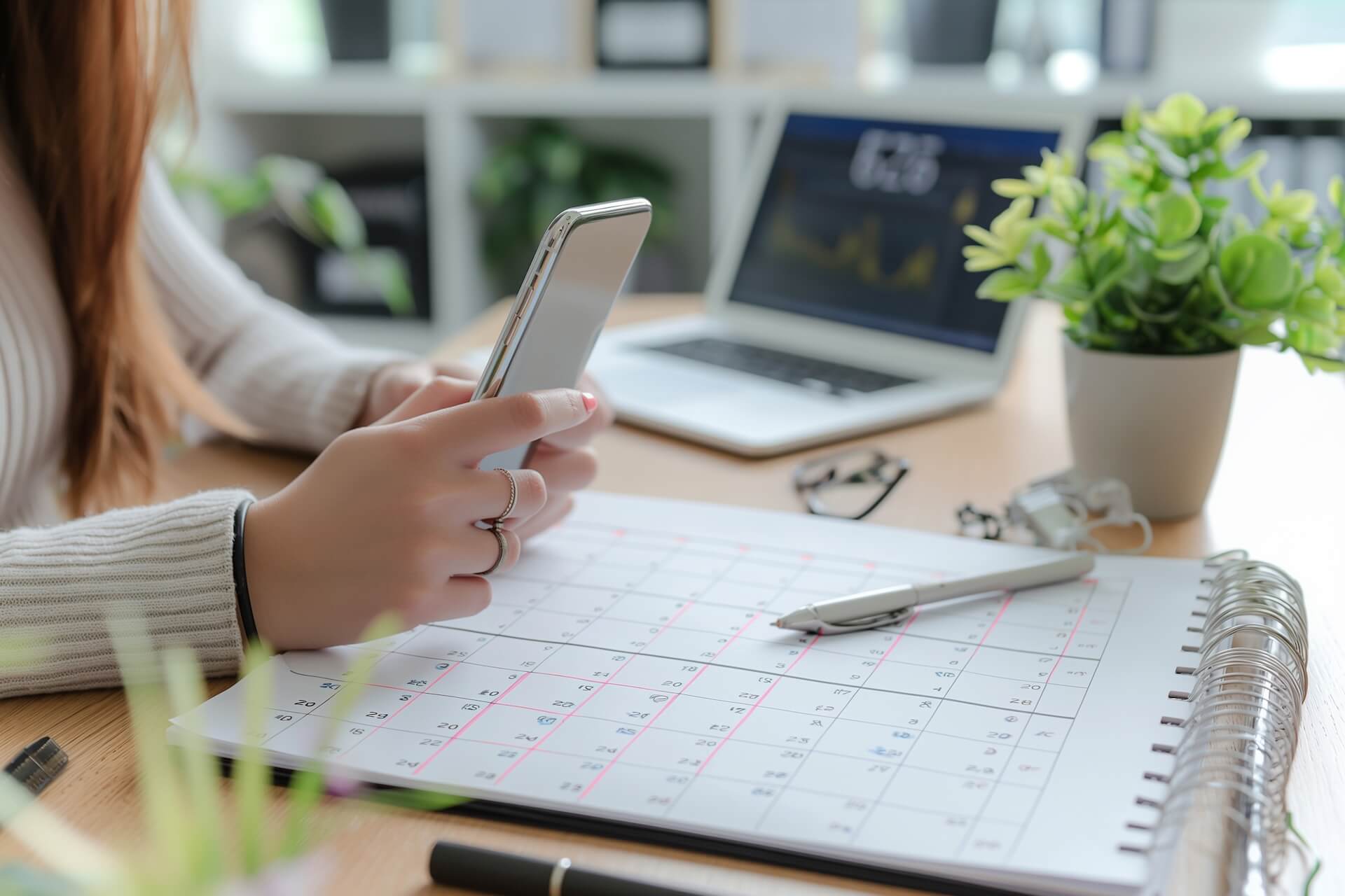 Unternehmerin prueft Termine auf dem Smartphone