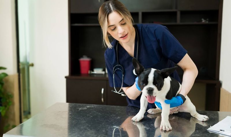 Veterinarian examining a dog in clinic
